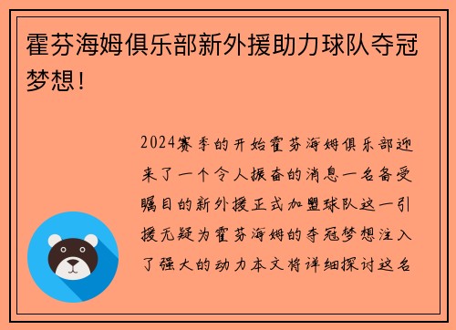 霍芬海姆俱乐部新外援助力球队夺冠梦想！