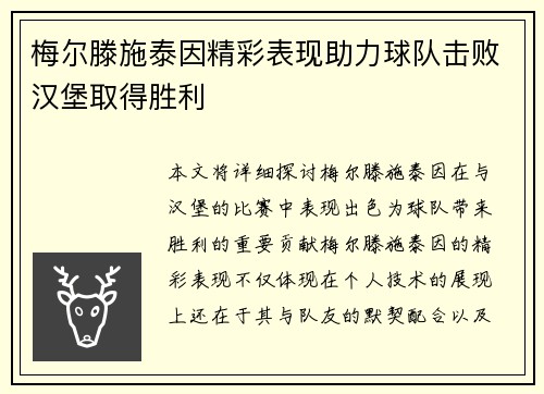 梅尔滕施泰因精彩表现助力球队击败汉堡取得胜利