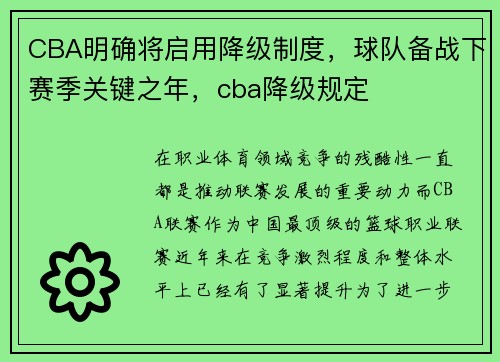 CBA明确将启用降级制度，球队备战下赛季关键之年，cba降级规定